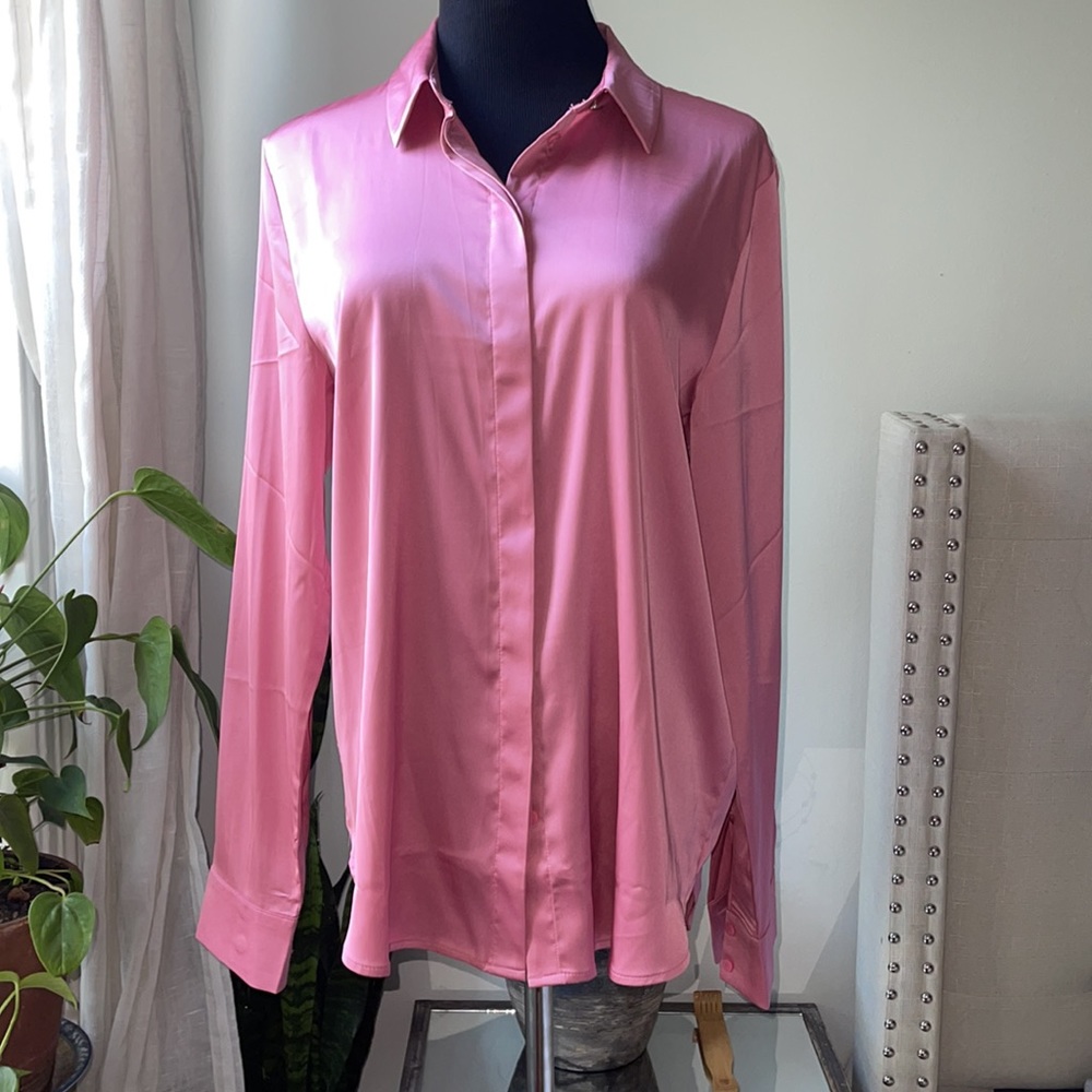 Satin pink button down shirt